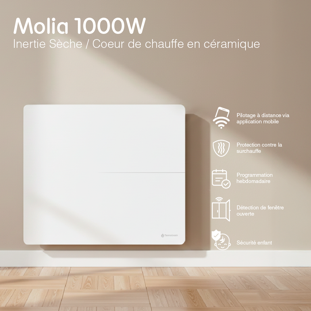 Radiateur électrique connecté 1000W double système de chauffe horizontal Blanc Molia