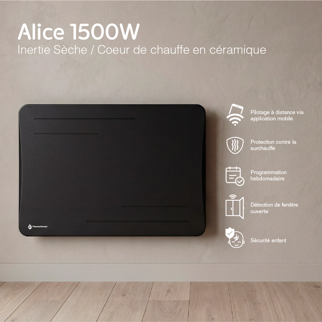 Radiateur électrique connecté 1500W à inertie sèche céramique horizontal Noir Alice