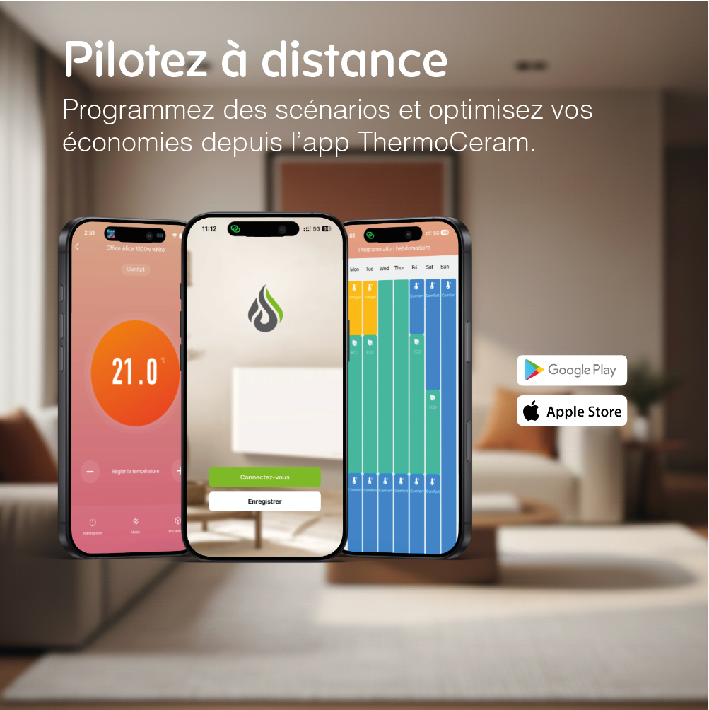 Radiateur électrique connecté 1500W double système de chauffe horizontal Blanc Molia