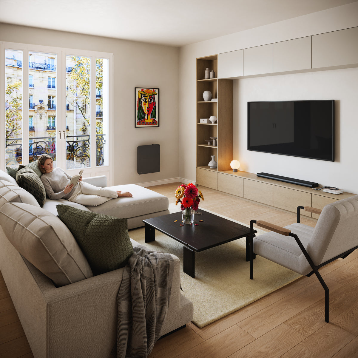 Radiateur Cira 1000 W noir — mise en situation dans le salon