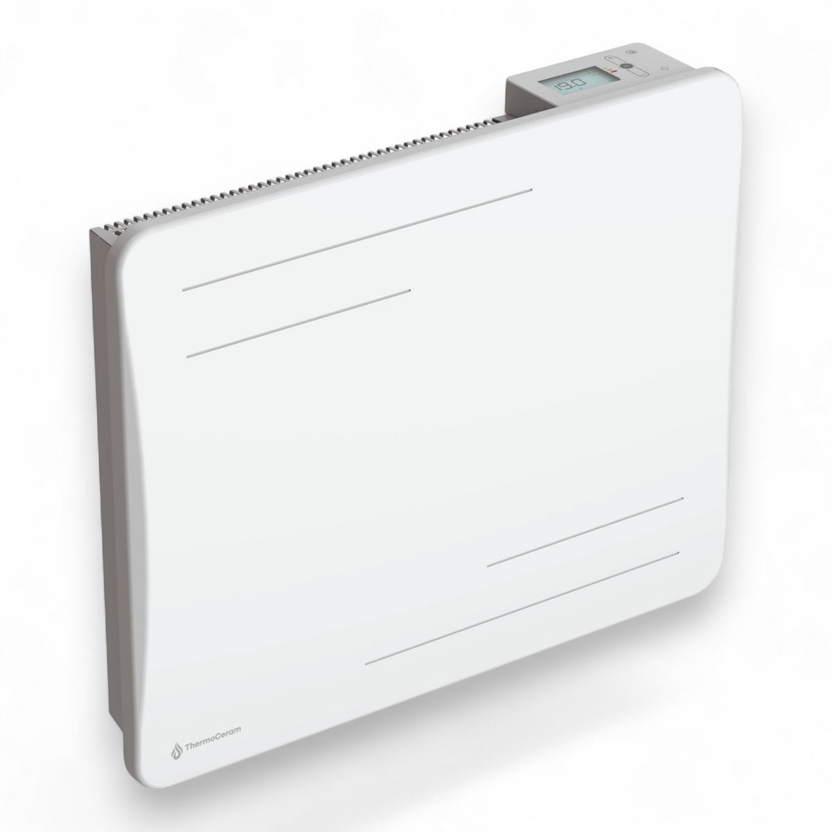 Radiateur Alice 1000W blanc vu de trois-quarts sur fond blanc, avec son écran digital