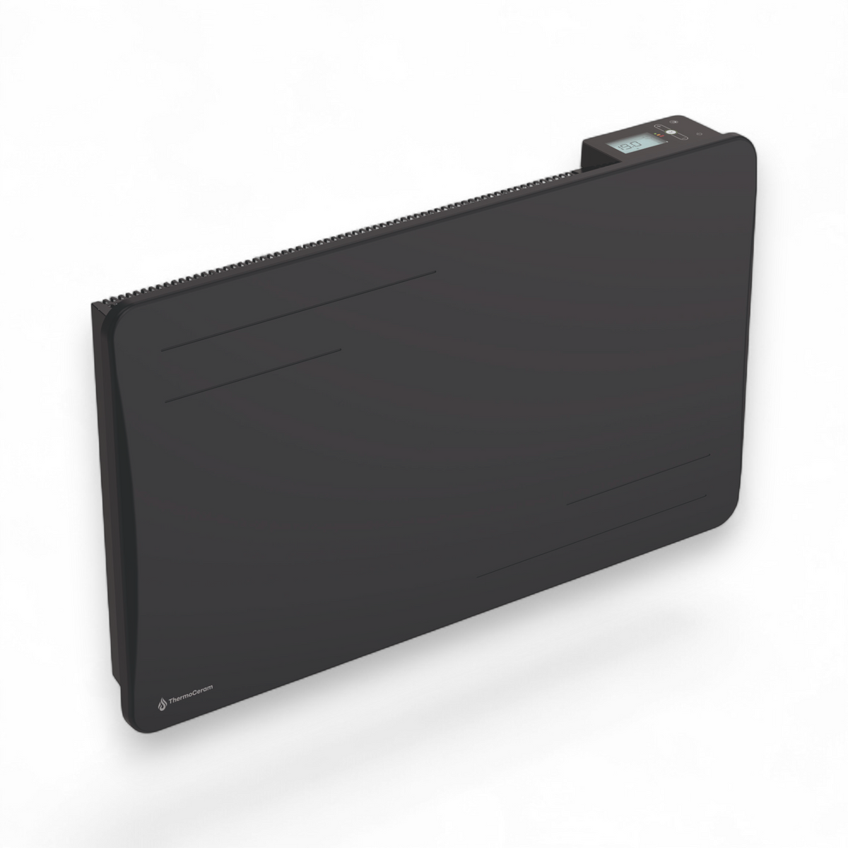 Radiateur Alice 1500W noir vu de trois-quarts sur fond blanc, avec son écran digital
