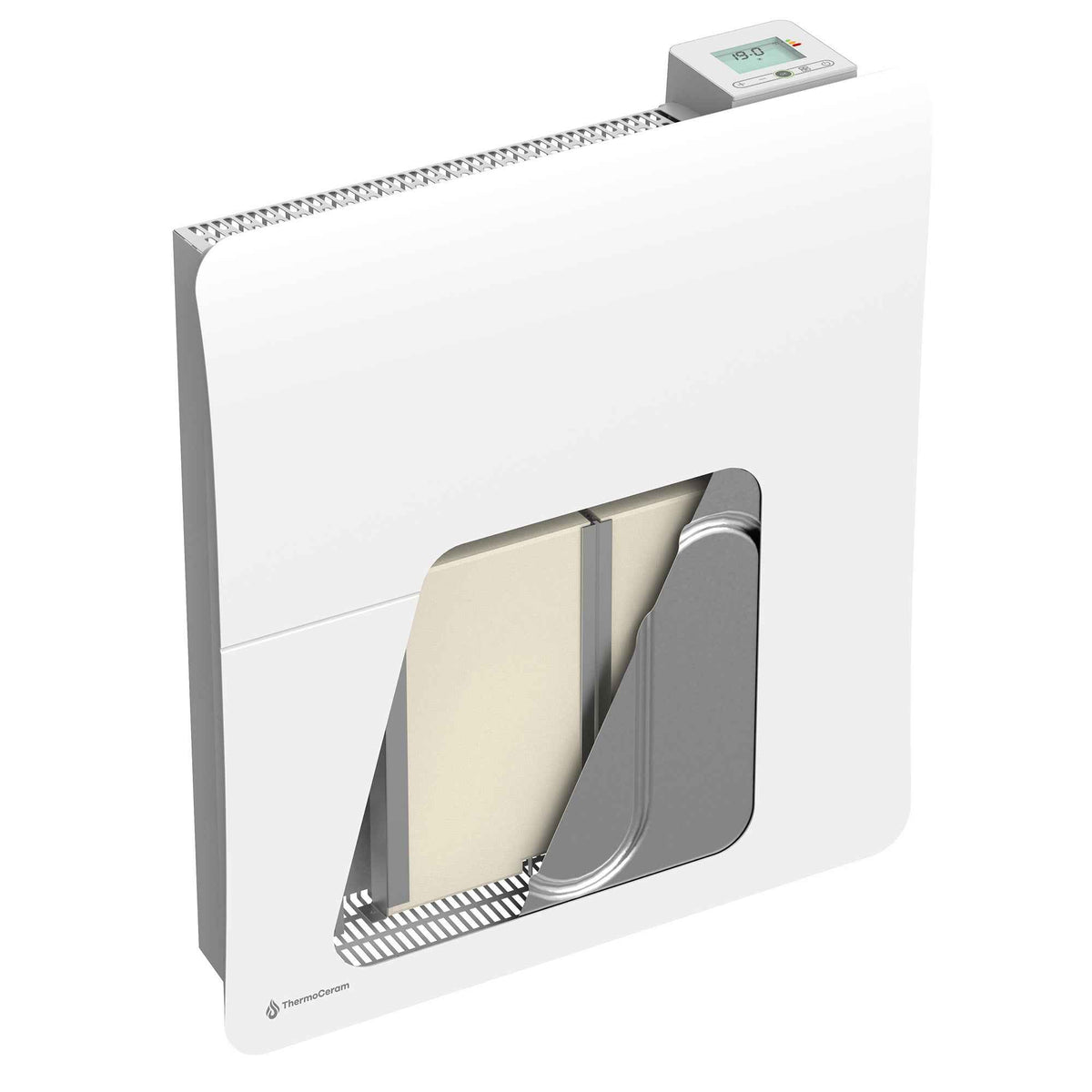 Vue en coupe du radiateur Cira 1000W blanc montrant son cœur en céramique et son film rayonnant