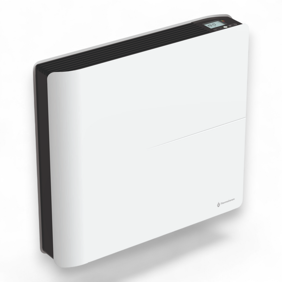 Radiateur Molia 1000W blanc vu de trois-quarts sur fond blanc, avec son écran digital