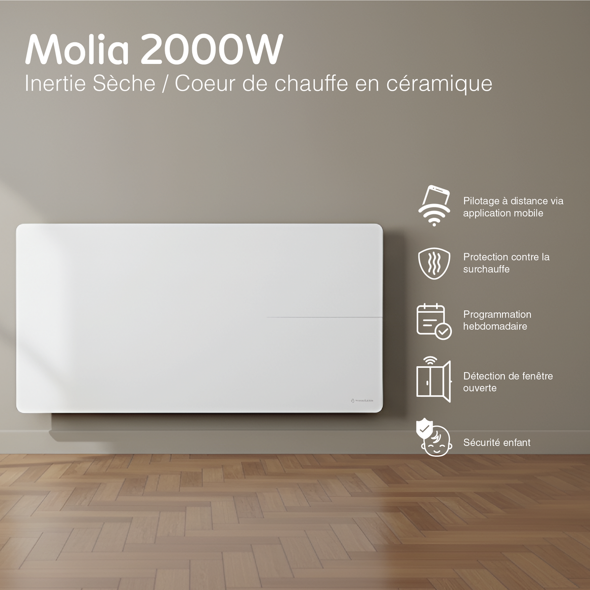 Radiateur électrique connecté 2000W double système de chauffe horizontal Blanc Molia - Thermoceram FR