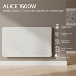 Radiateur Alice 1500W blanc vu de face, avec ses fonctions : pilotage à distance, programmation, détection de fenêtre ouverte, sécurité enfant