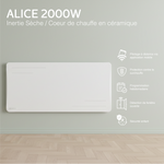 Radiateur Alice 2000W blanc vu de face, avec ses fonctions : pilotage à distance, programmation, détection de fenêtre ouverte, sécurité enfant