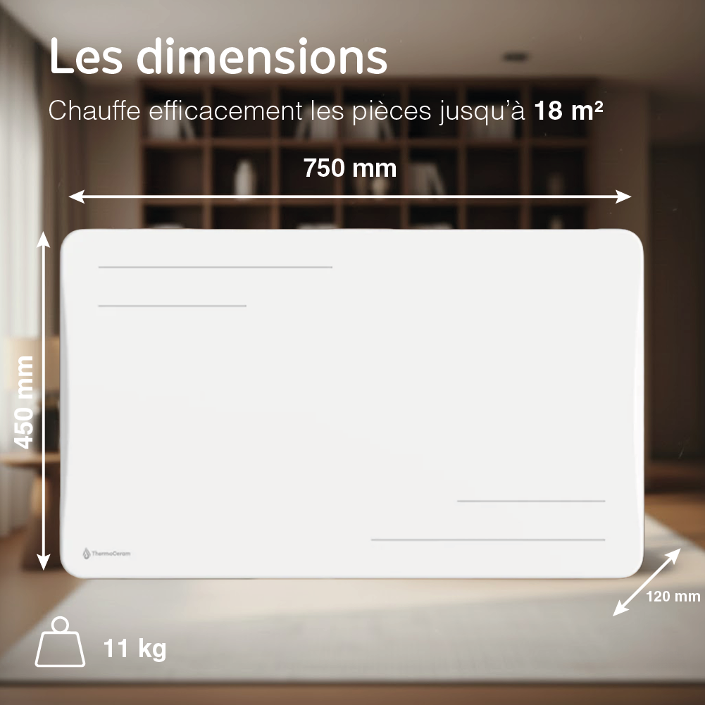 Dimensions du radiateur Alice 1500W blanc : 750 × 450 × 120 mm, 11 kg, pour une pièce jusqu'à 18 m²