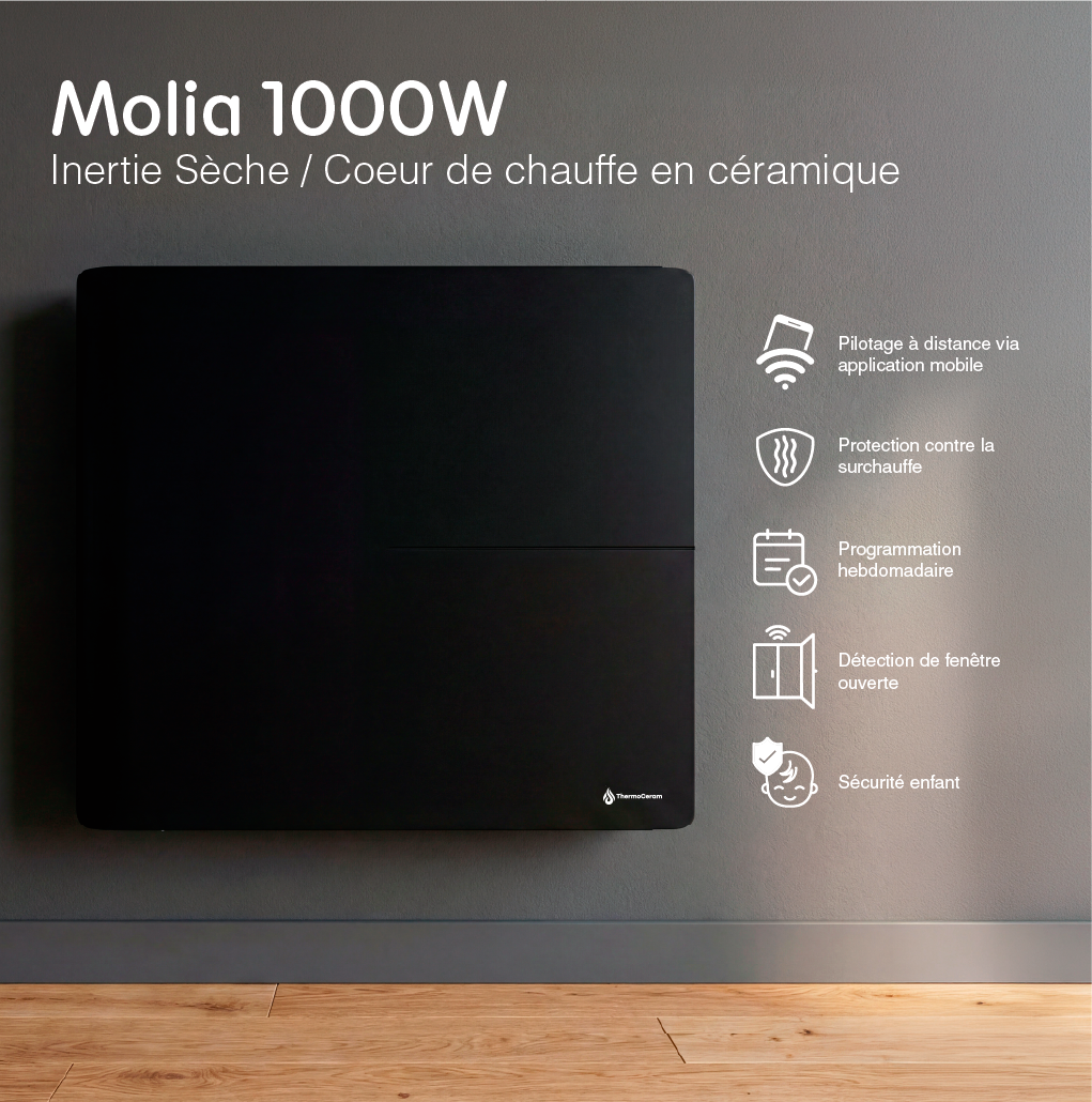 Radiateur électrique connecté 1000W double système de chauffe horizontal Noir Molia - Thermoceram FR