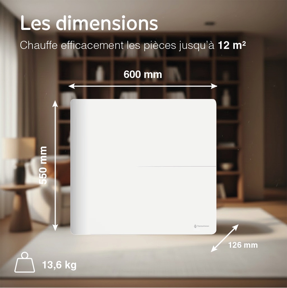 Dimensions du radiateur Molia 1000W blanc : 600 × 550 × 126 mm, 13,6 kg, pour une pièce jusqu'à 12 m²