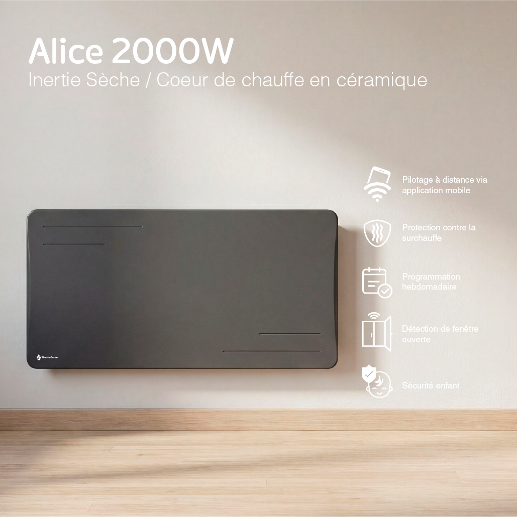 Radiateur électrique connecté 2000W à inertie sèche céramique horizontal Noir Alice