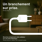 Branchement du radiateur TCPL sur une prise électrique standard, câble blanc avec fiche secteur.